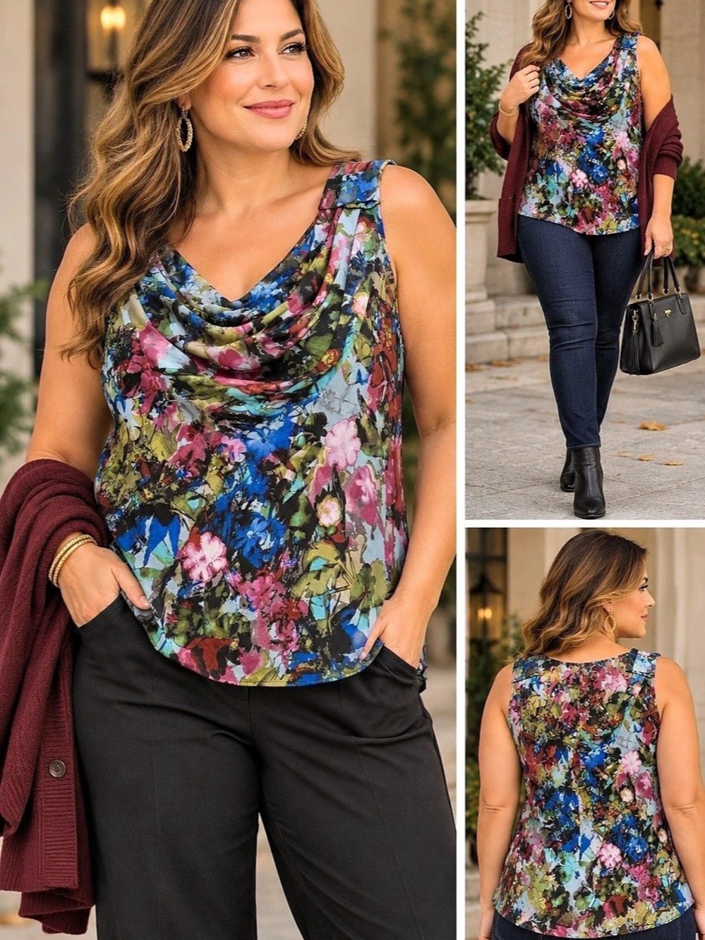 Spense Woman 1X Watercolor Floral Cowl Neck Sleeveless Blouse